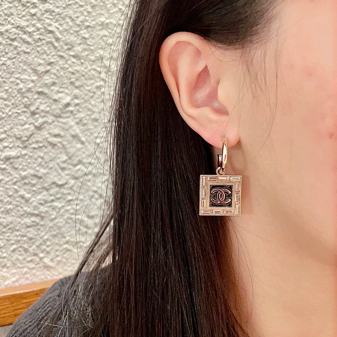 Double-C Emblem Statement Earrings in Polished Metal-Tone – Design 047 detail view