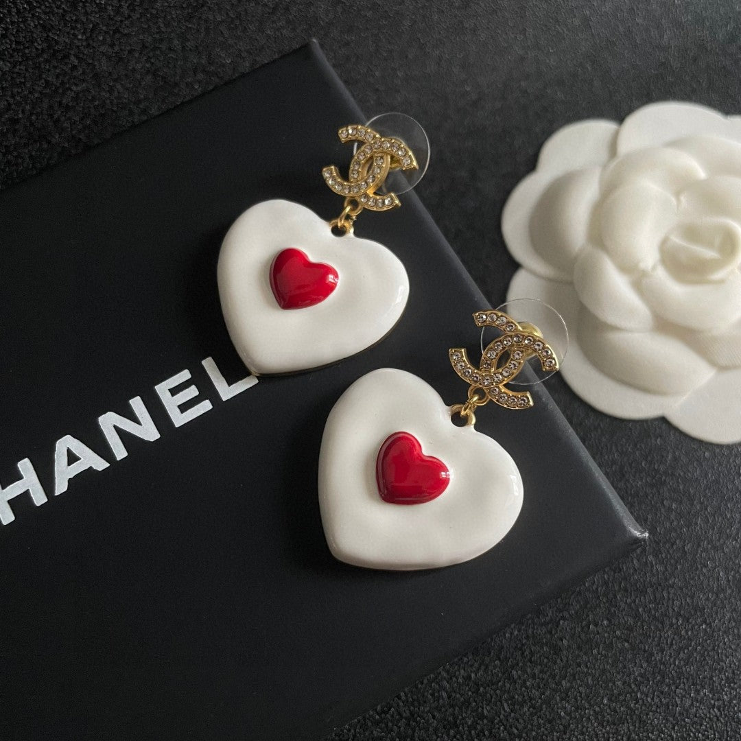 Double-C Emblem Crystal-Accent Statement Earrings – Heart Detail – Design 005 detail view