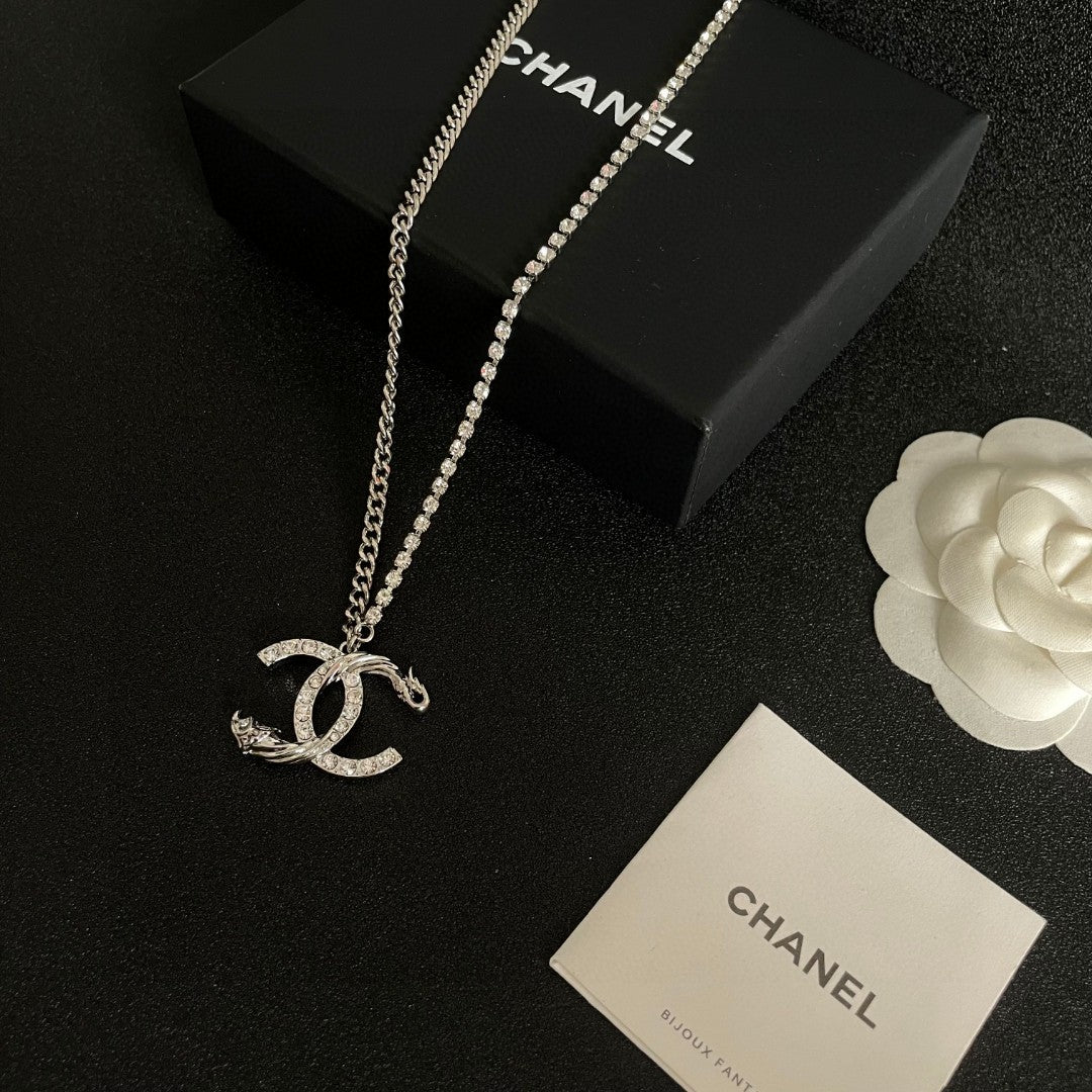 Double-C Emblem Crystal-Accent Pendant Necklace – Design 040 close-up detail