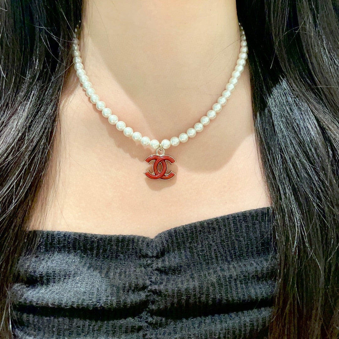 Double-C Emblem Pearl-Detail Pendant Necklace – Pearl Detail – Design 084 detail view