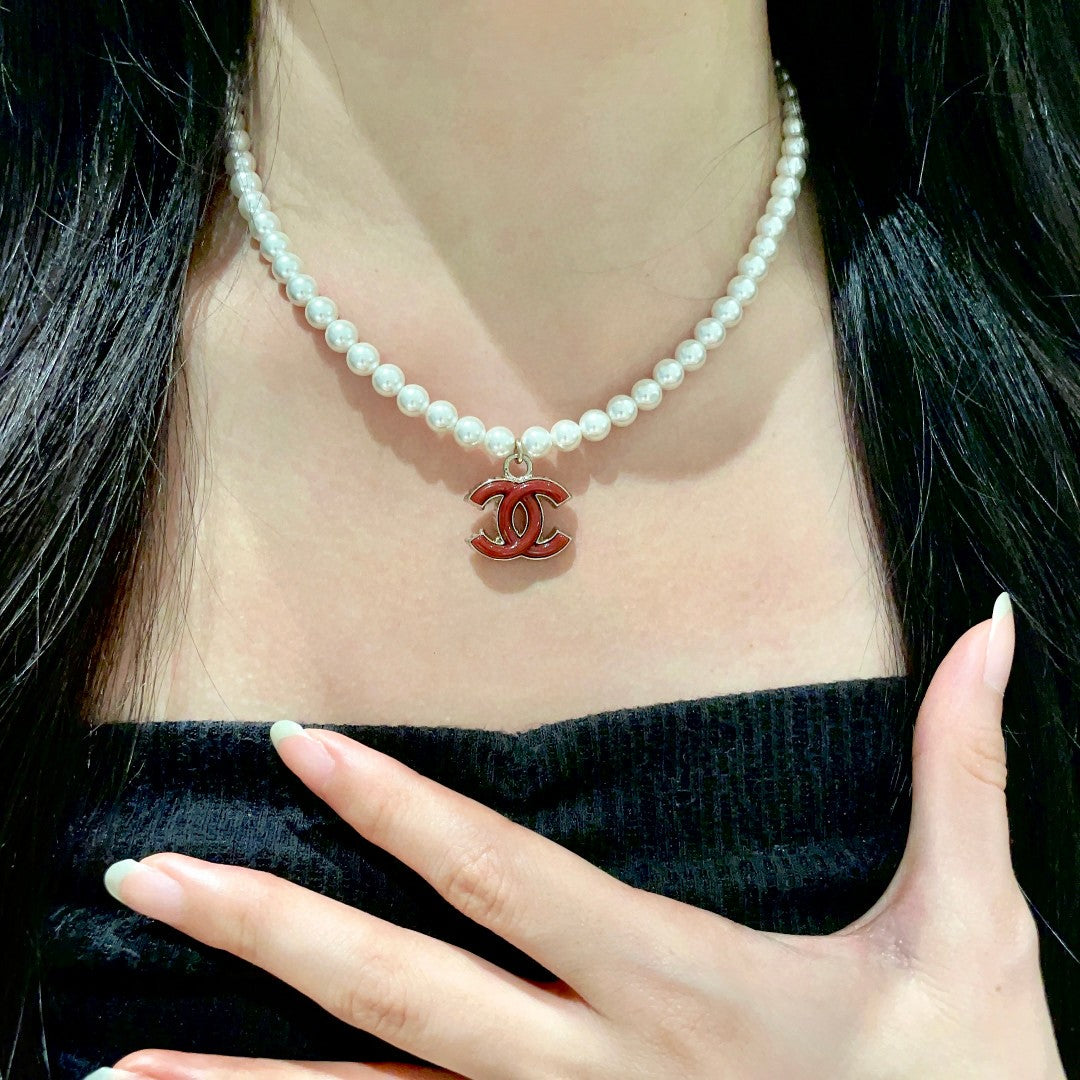 Double-C Emblem Pearl-Detail Pendant Necklace – Pearl Detail – Design 084 front product view