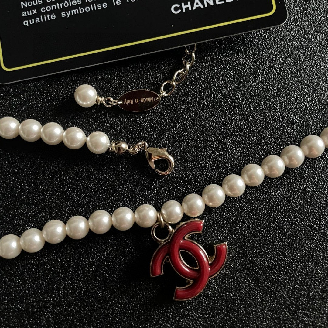 Double-C Emblem Pearl-Detail Pendant Necklace – Pearl Detail – Design 084 main product view