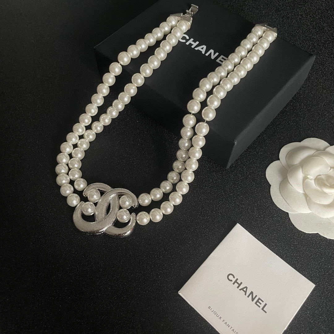 Double-C Emblem Pearl-Detail Pendant Necklace – Pearl Detail – Design 075 styled product view