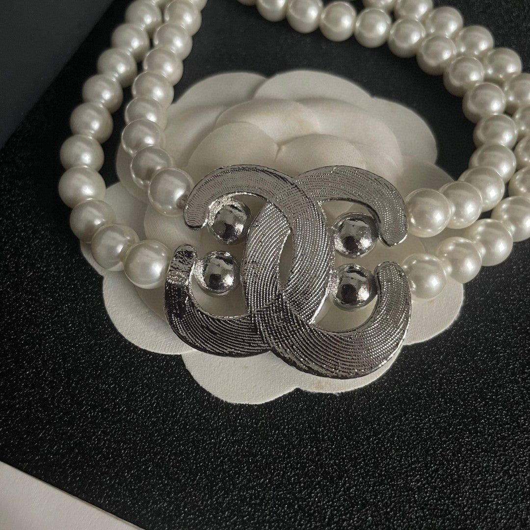 Double-C Emblem Pearl-Detail Pendant Necklace – Pearl Detail – Design 075 front product view