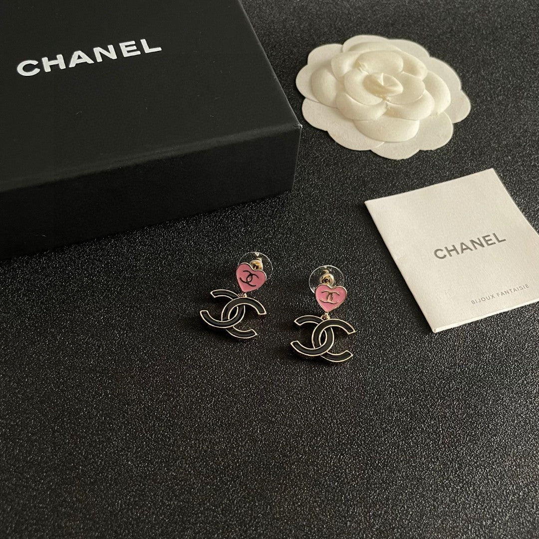 Double-C Emblem Statement Earrings in Polished Metal-Tone – Heart Detail styled product view