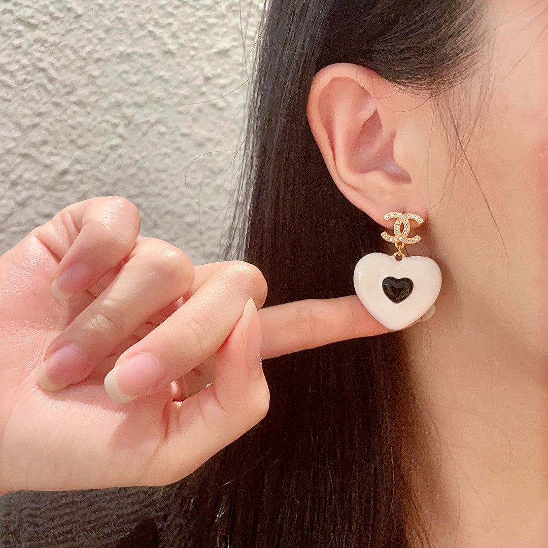 Double-C Emblem Crystal-Accent Statement Earrings – Heart Detail – Design 002 front product view