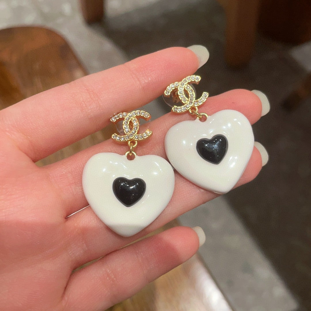 Double-C Emblem Crystal-Accent Statement Earrings – Heart Detail – Design 002 side detail