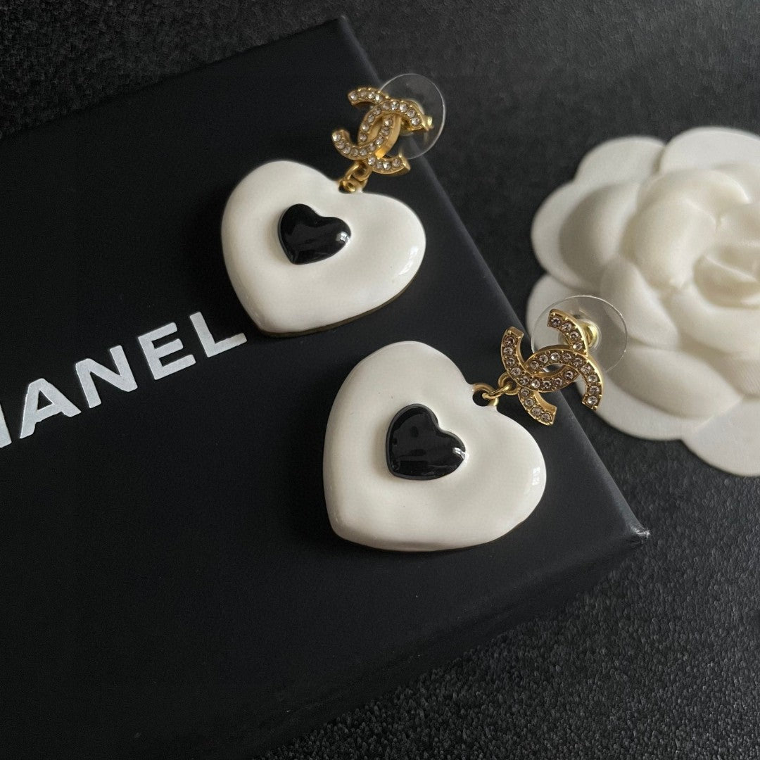 Double-C Emblem Crystal-Accent Statement Earrings – Heart Detail – Design 002 detail view