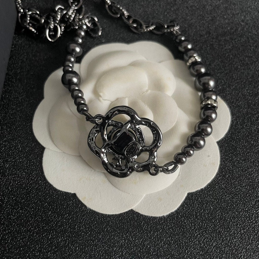 Camellia Pendant Necklace in Black-Tone front product view