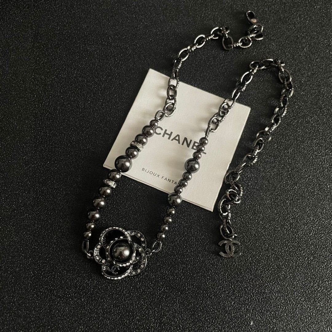 Camellia Pendant Necklace in Black-Tone detail view