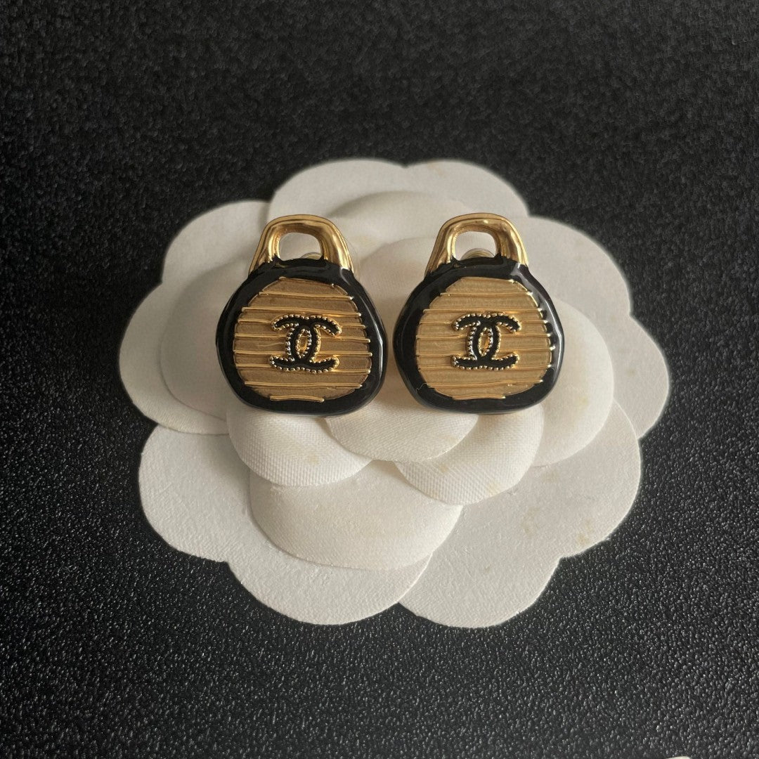 Double-C Emblem Stud Earrings in Polished Metal-Tone – Design 199 front product view