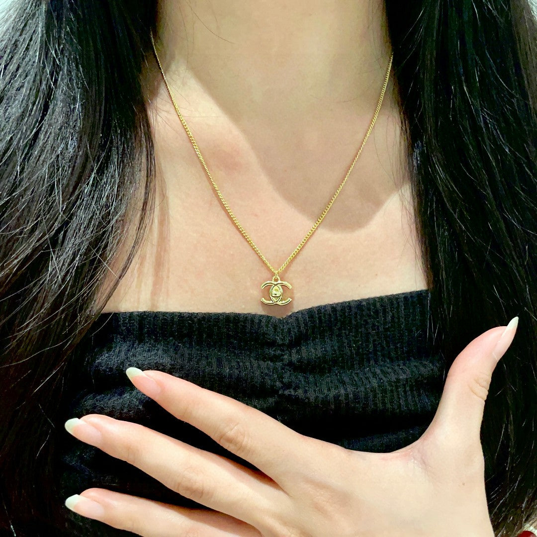 Double-C Emblem Pendant Necklace in Polished Metal-Tone – Design 024 front product view