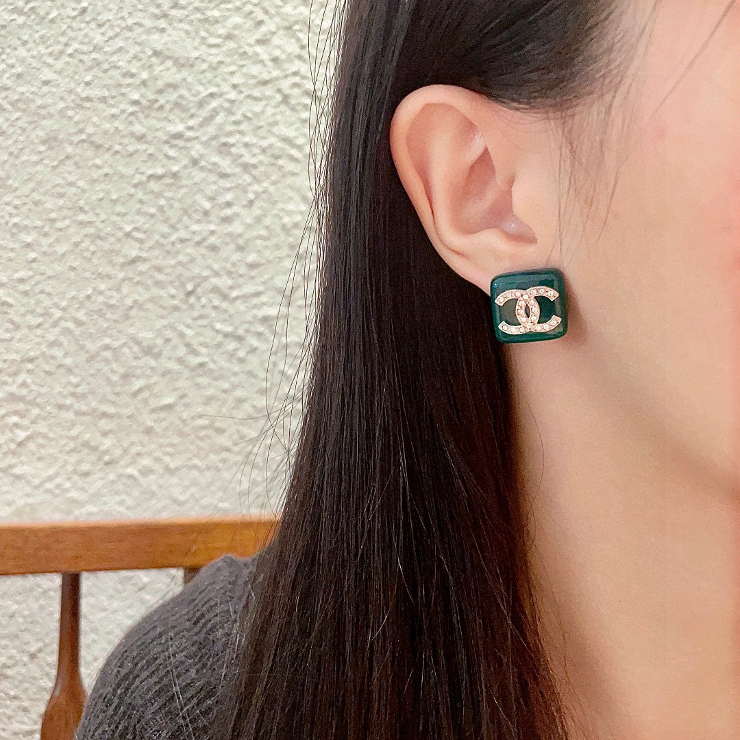Double-C Emblem Crystal-Accent Stud Earrings – Design 024 detail view