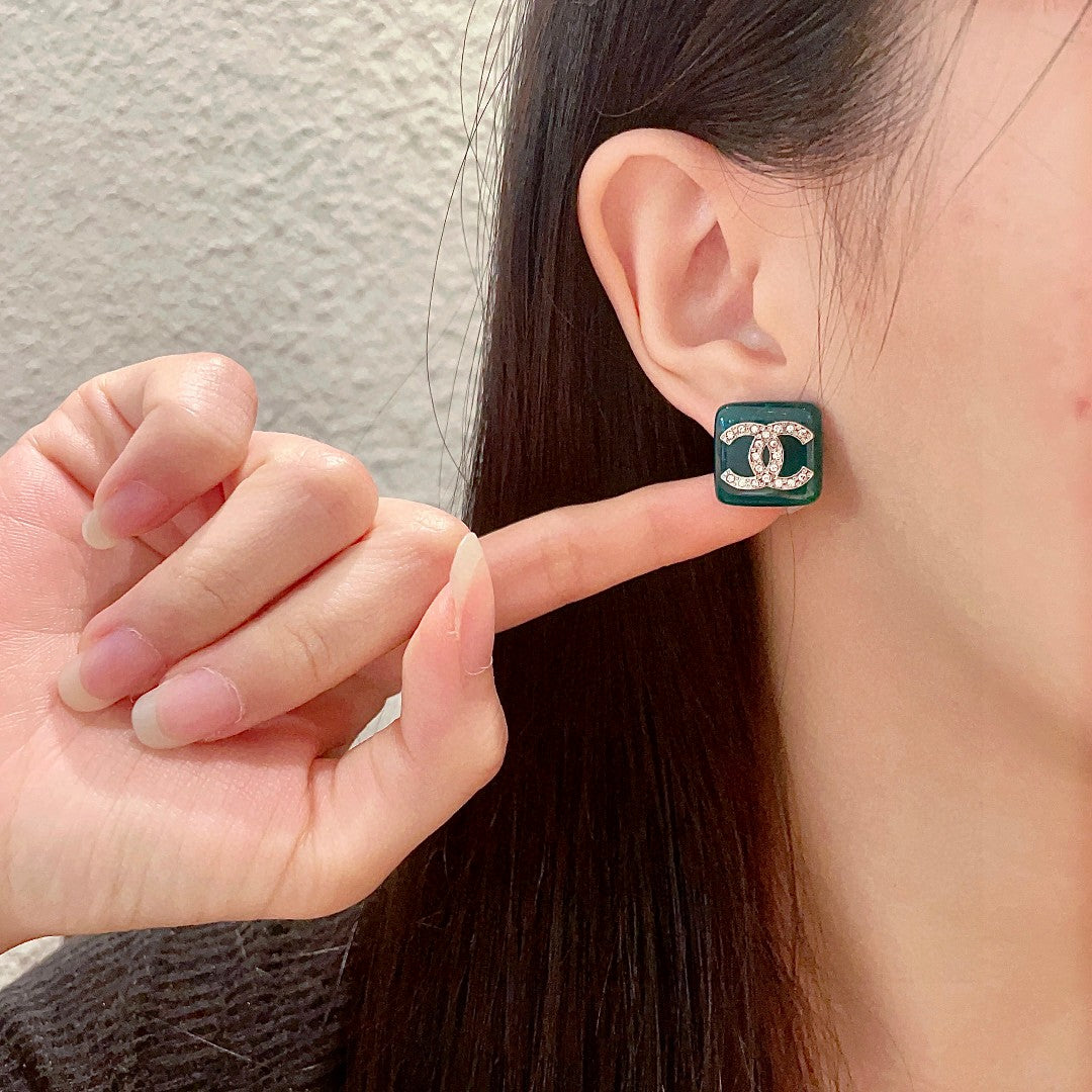 Double-C Emblem Crystal-Accent Stud Earrings – Design 024 front product view