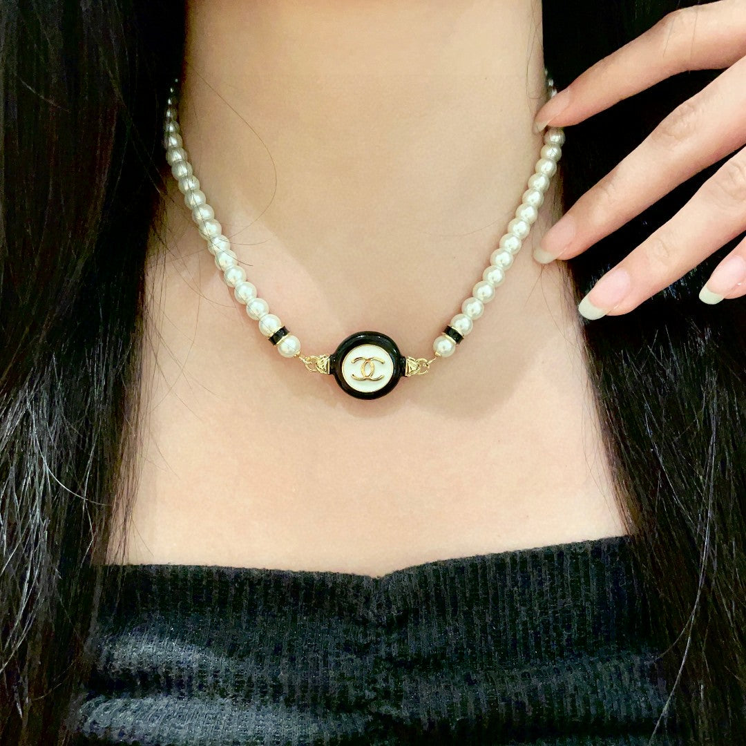 Double-C Emblem Pearl-Detail Pendant Necklace – Pearl Detail – Design 046 front product view