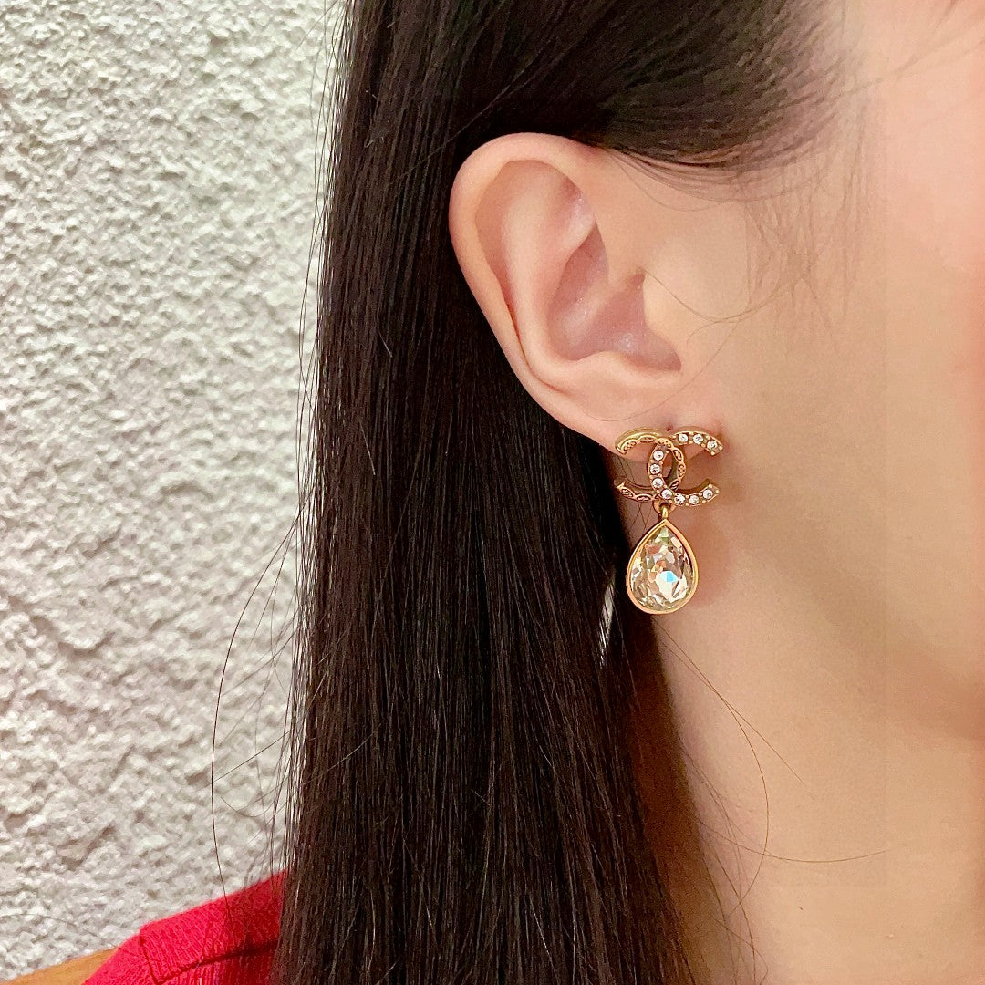 Double-C Emblem Crystal-Accent Statement Earrings – Design 015 detail view