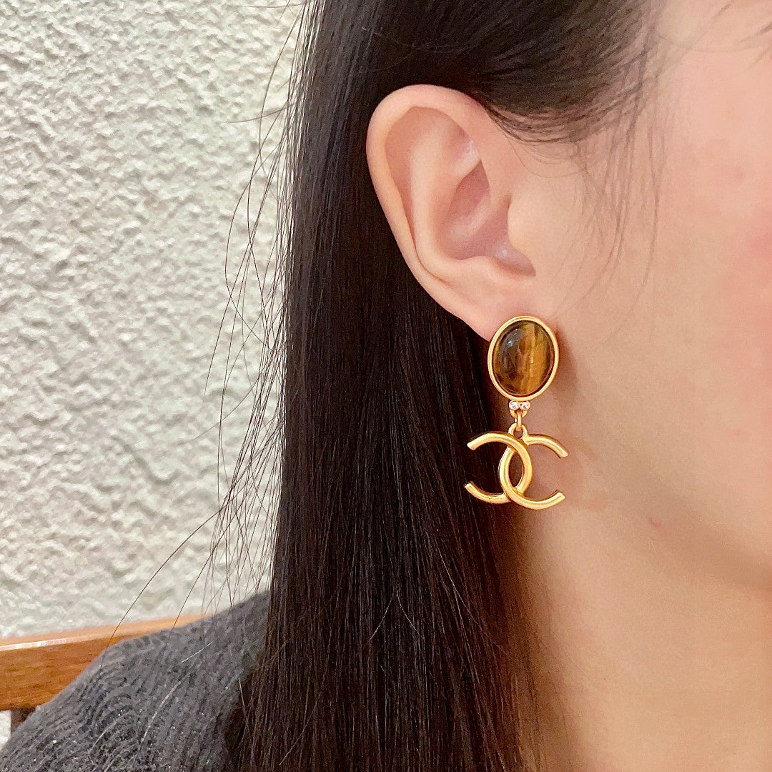 Double-C Emblem Statement Earrings in Polished Metal-Tone – Design 025 detail view
