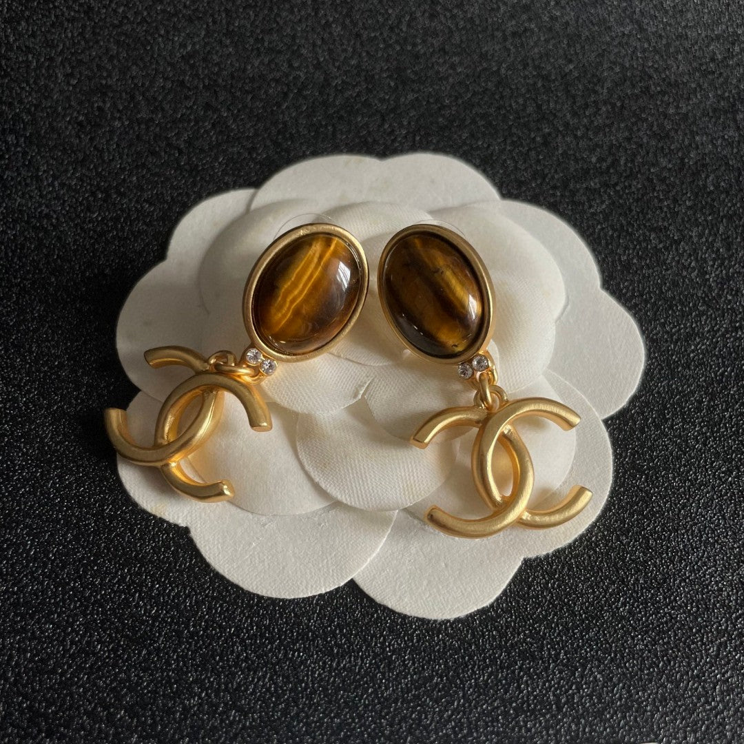 Double-C Emblem Statement Earrings in Polished Metal-Tone – Design 025 front product view