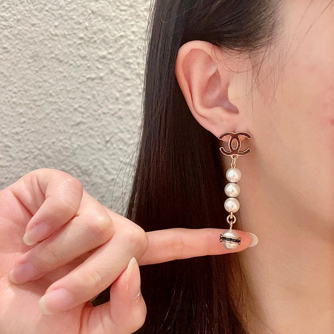 Double-C Emblem Pearl-Detail Statement Earrings – Pearl Detail – Design 011 front product view