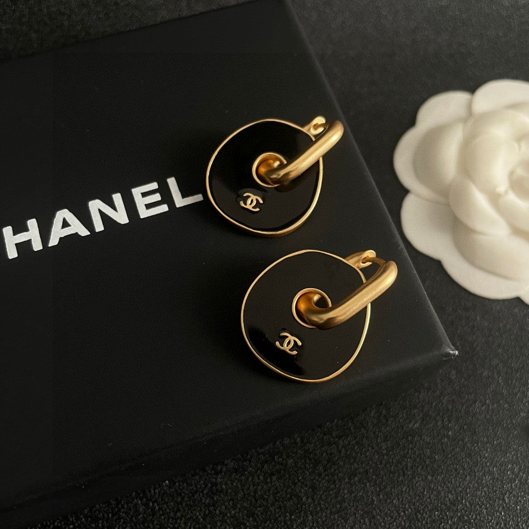 Double-C Emblem Statement Earrings in Polished Metal-Tone – Design 019 detail view