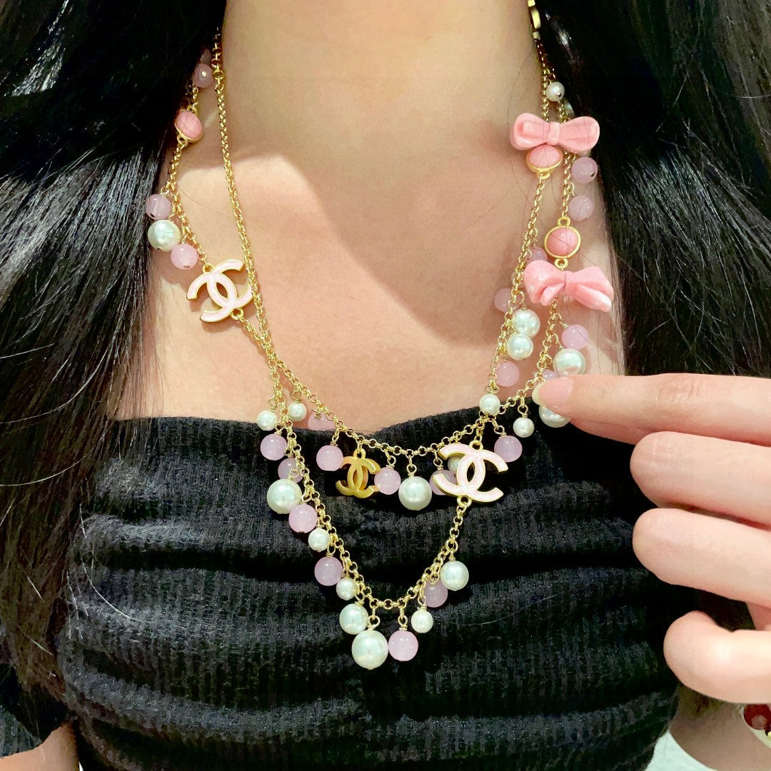 Double-C Emblem Pearl-Detail Pendant Necklace – Pearl Detail – Design 029 front product view