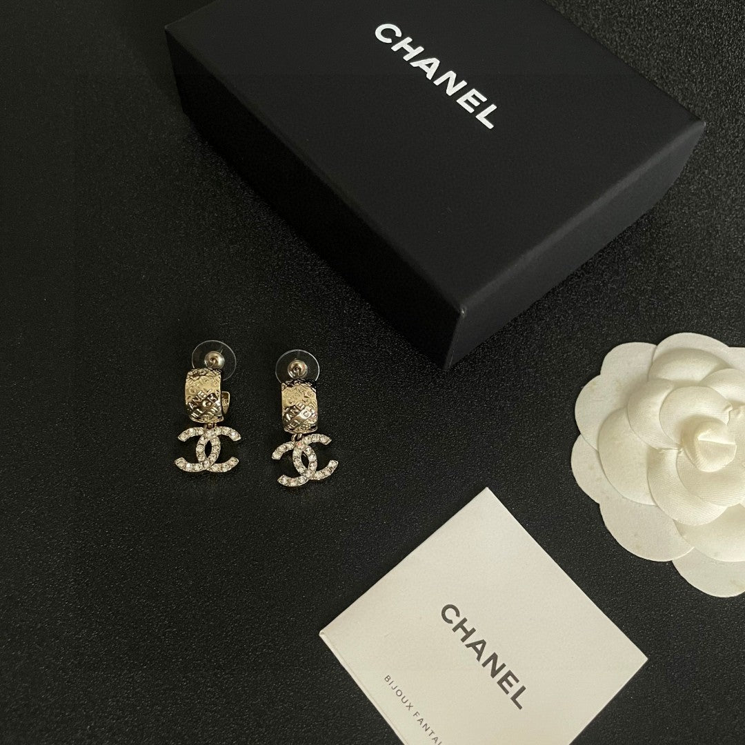 Double-C Emblem Crystal-Accent Statement Earrings – Design 011 close-up detail