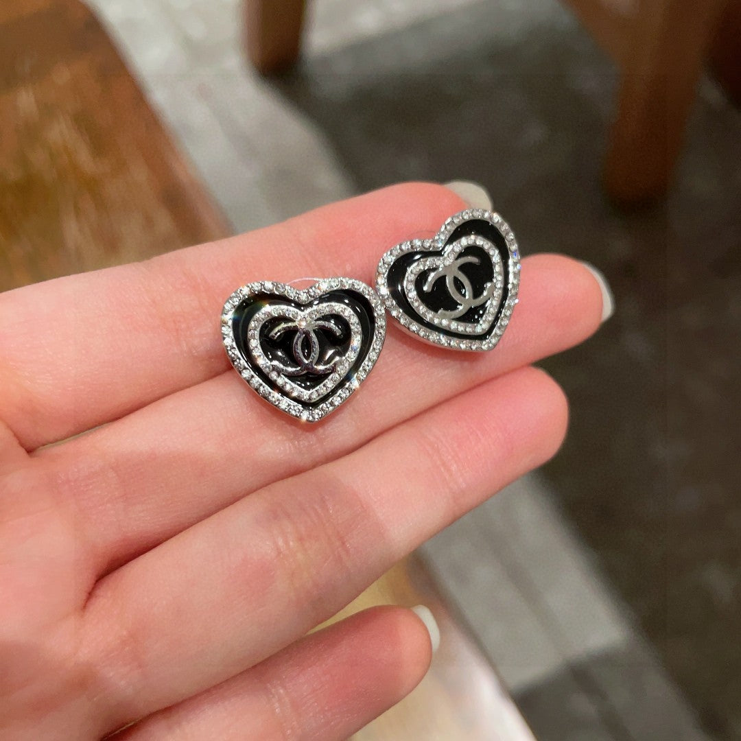 Double-C Emblem Crystal-Accent Stud Earrings – Heart Detail side detail
