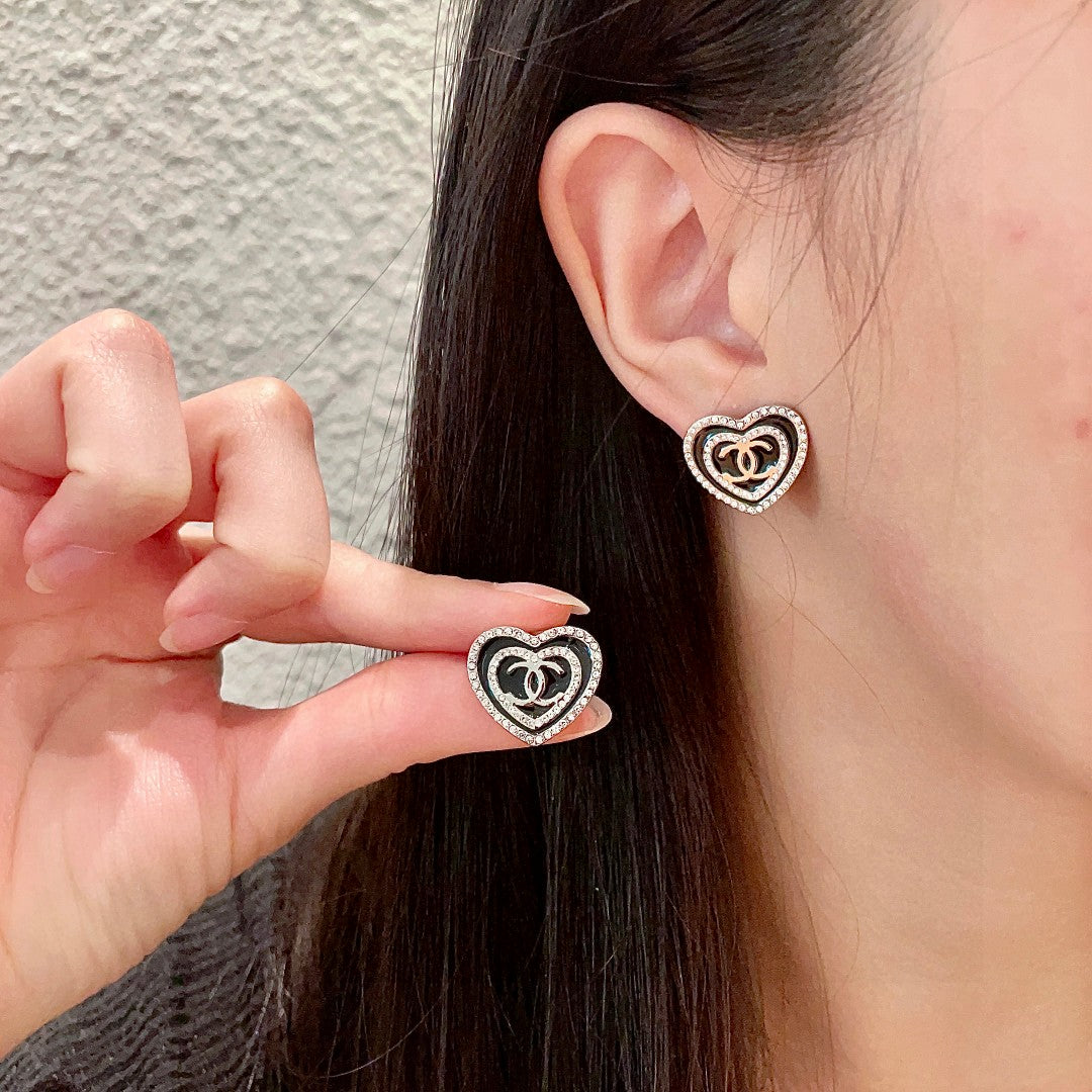 Double-C Emblem Crystal-Accent Stud Earrings – Heart Detail main product view