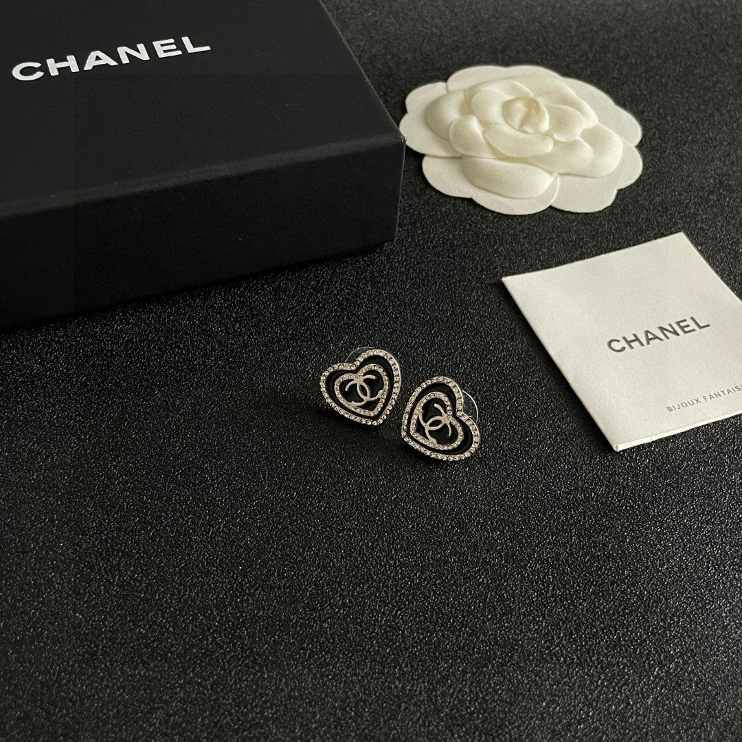 Double-C Emblem Crystal-Accent Stud Earrings – Heart Detail styled product view