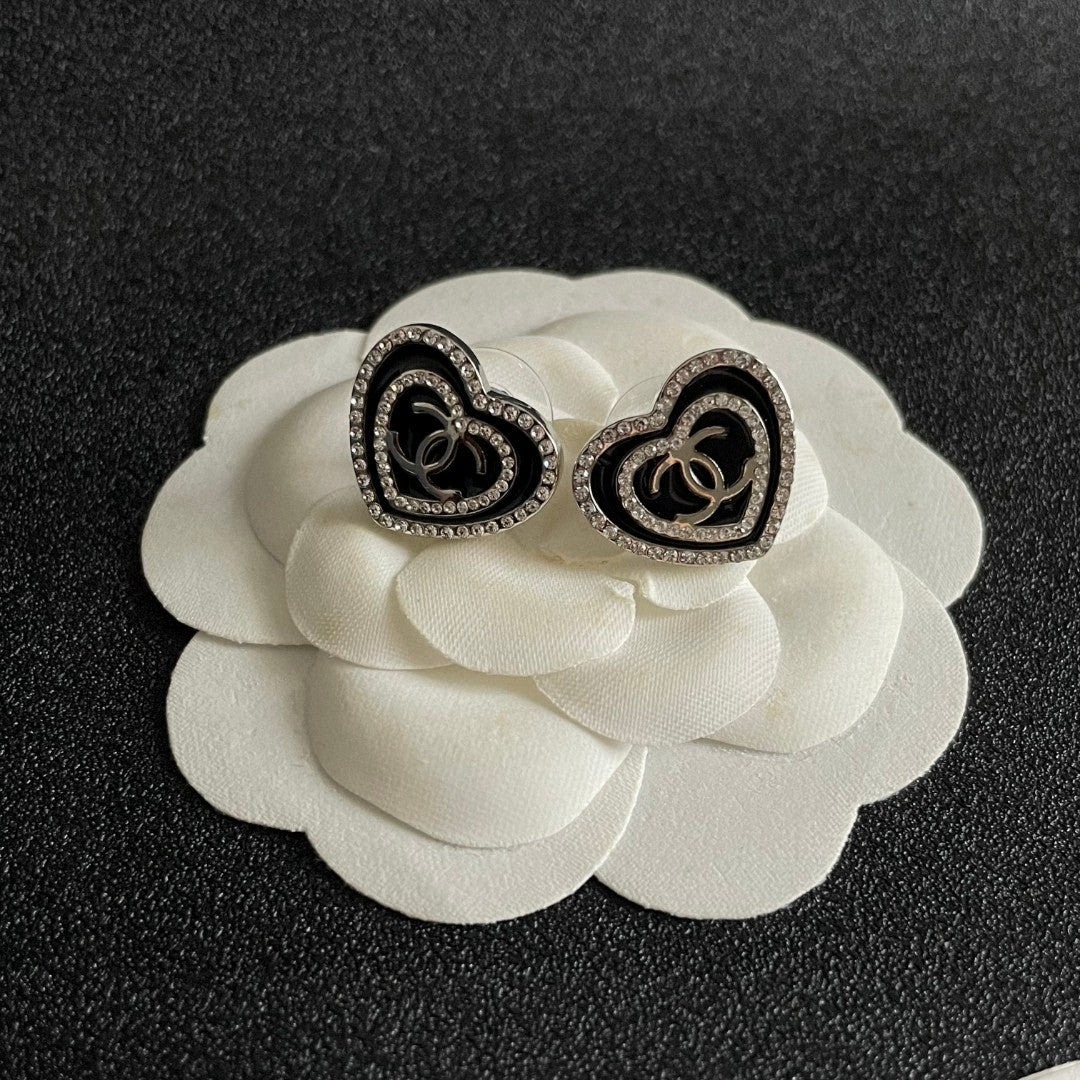 Double-C Emblem Crystal-Accent Stud Earrings – Heart Detail front product view