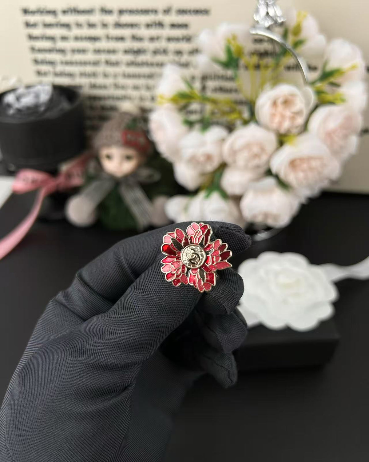 Floral Statement Ring in Polished Metal-Tone close-up detail