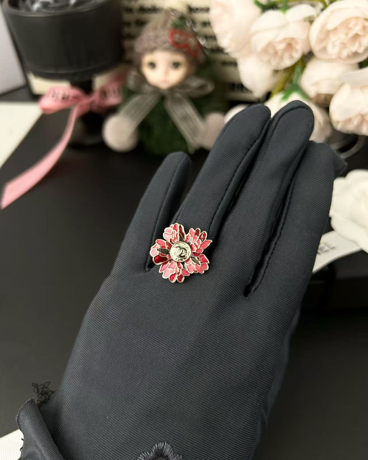 Floral Statement Ring in Polished Metal-Tone side detail