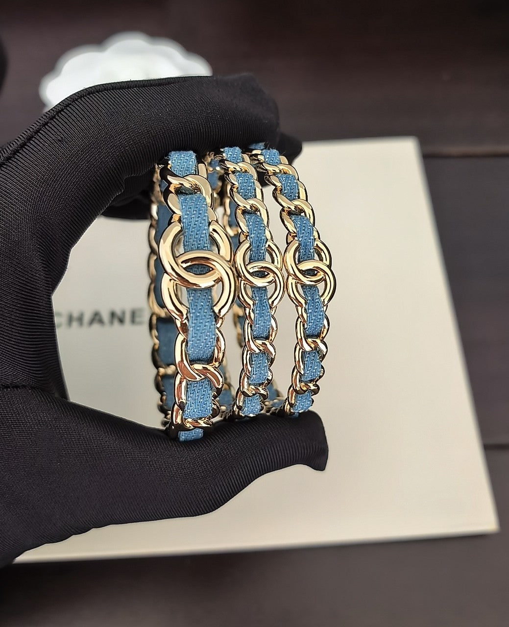 Signature Emblem Bangle in Gold-Tone – Blue Detail side detail