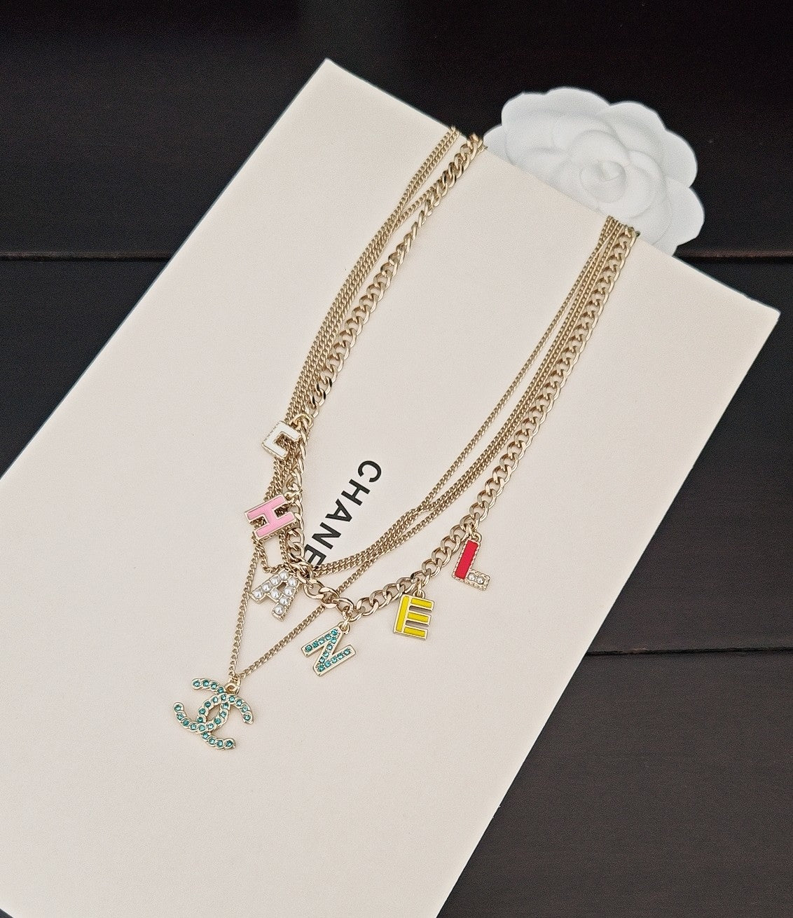 Letter Pendant Necklace in Gold-Tone – Blue Detail – Design 002 side detail