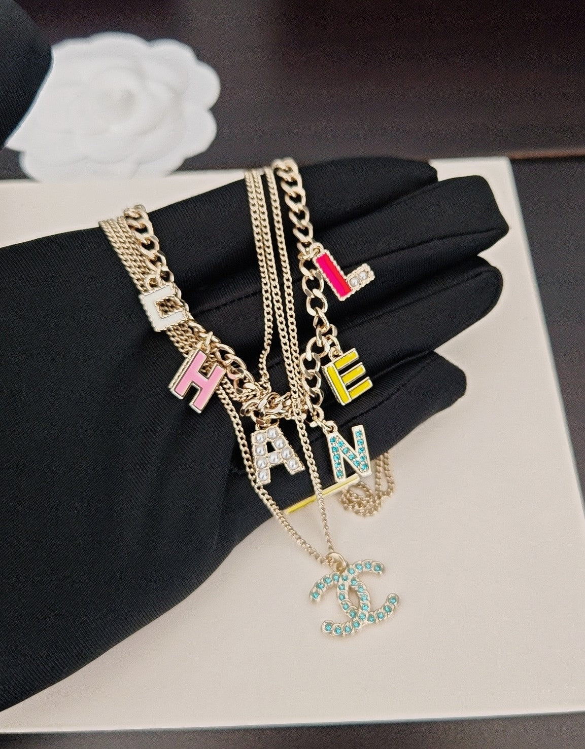 Letter Pendant Necklace in Gold-Tone – Blue Detail – Design 002 main product view