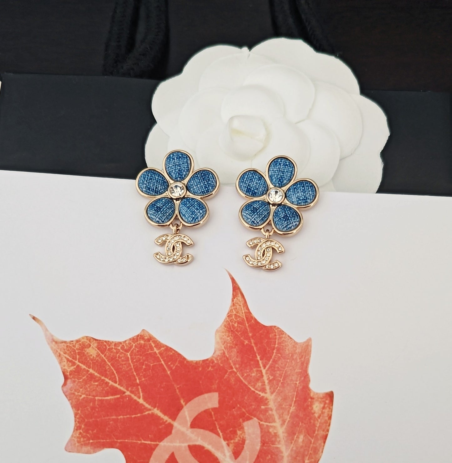 Floral Statement Earrings in Gold-Tone – Blue Detail – Design 002 styled product view