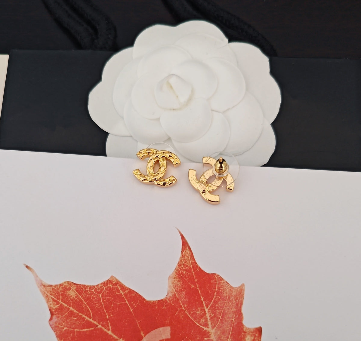 Signature Emblem Stud Earrings in Gold-Tone – Design 075 detail view