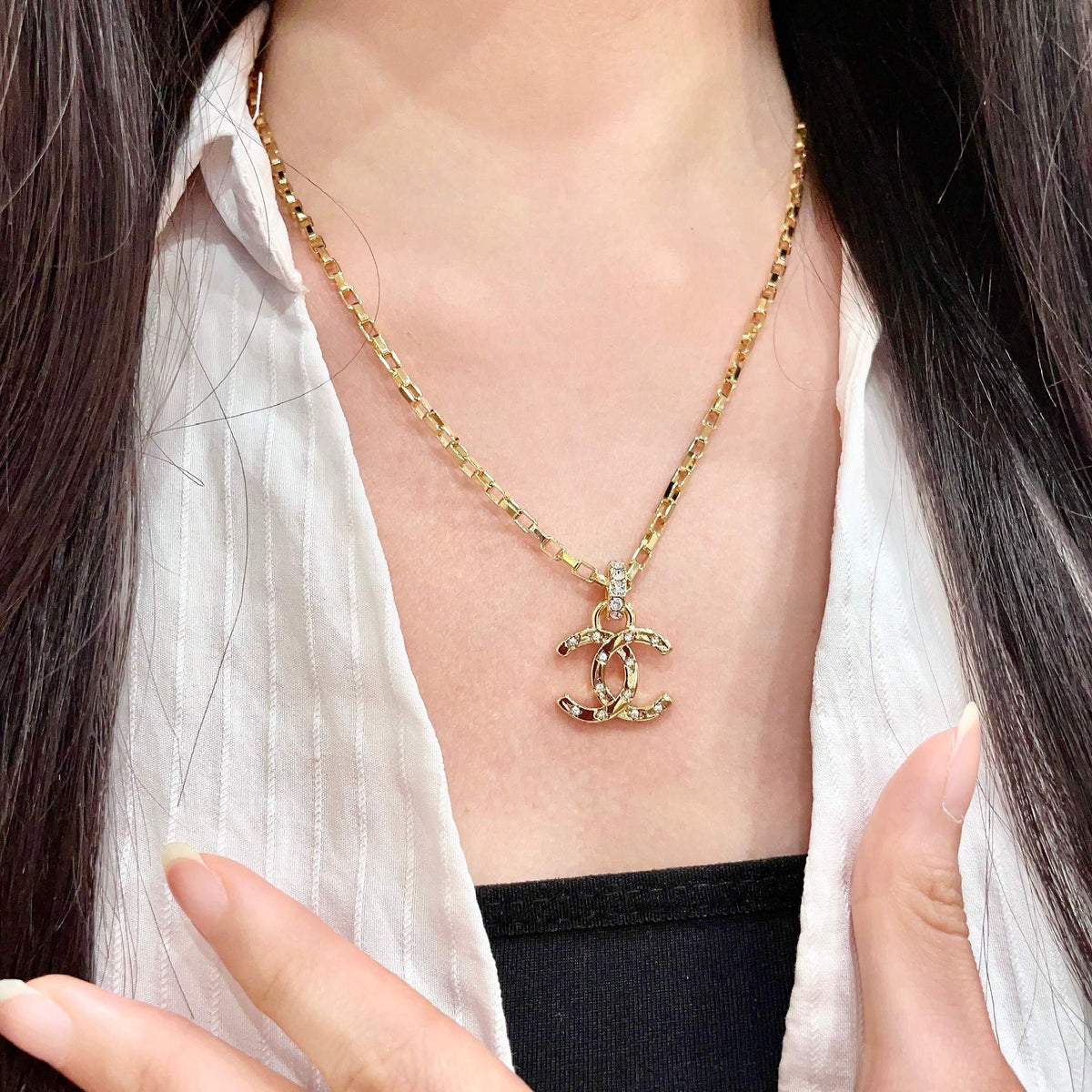 Double-C Emblem Crystal-Accent Pendant Necklace – Design 033 front product view