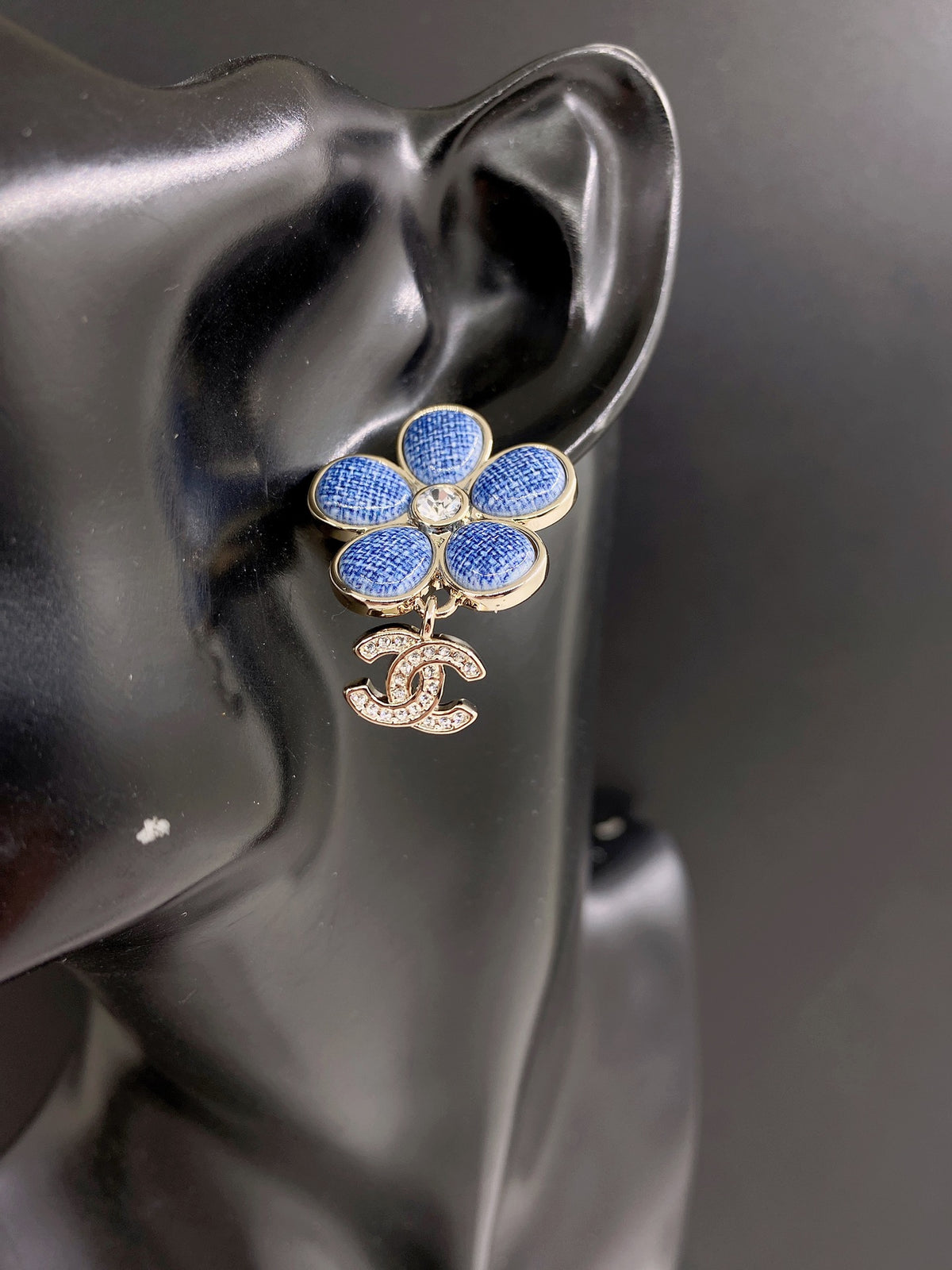 Floral Statement Earrings in Gold-Tone – Blue Detail – Design 002 front product view
