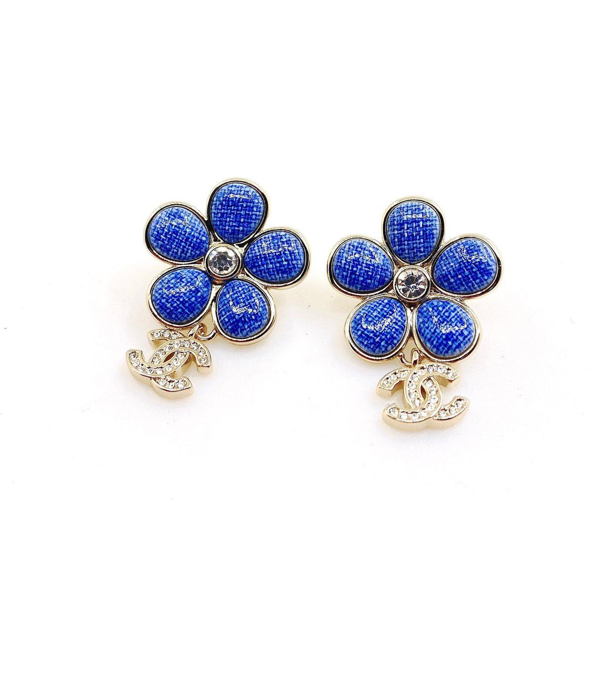 Floral Statement Earrings in Gold-Tone – Blue Detail – Design 002 side detail