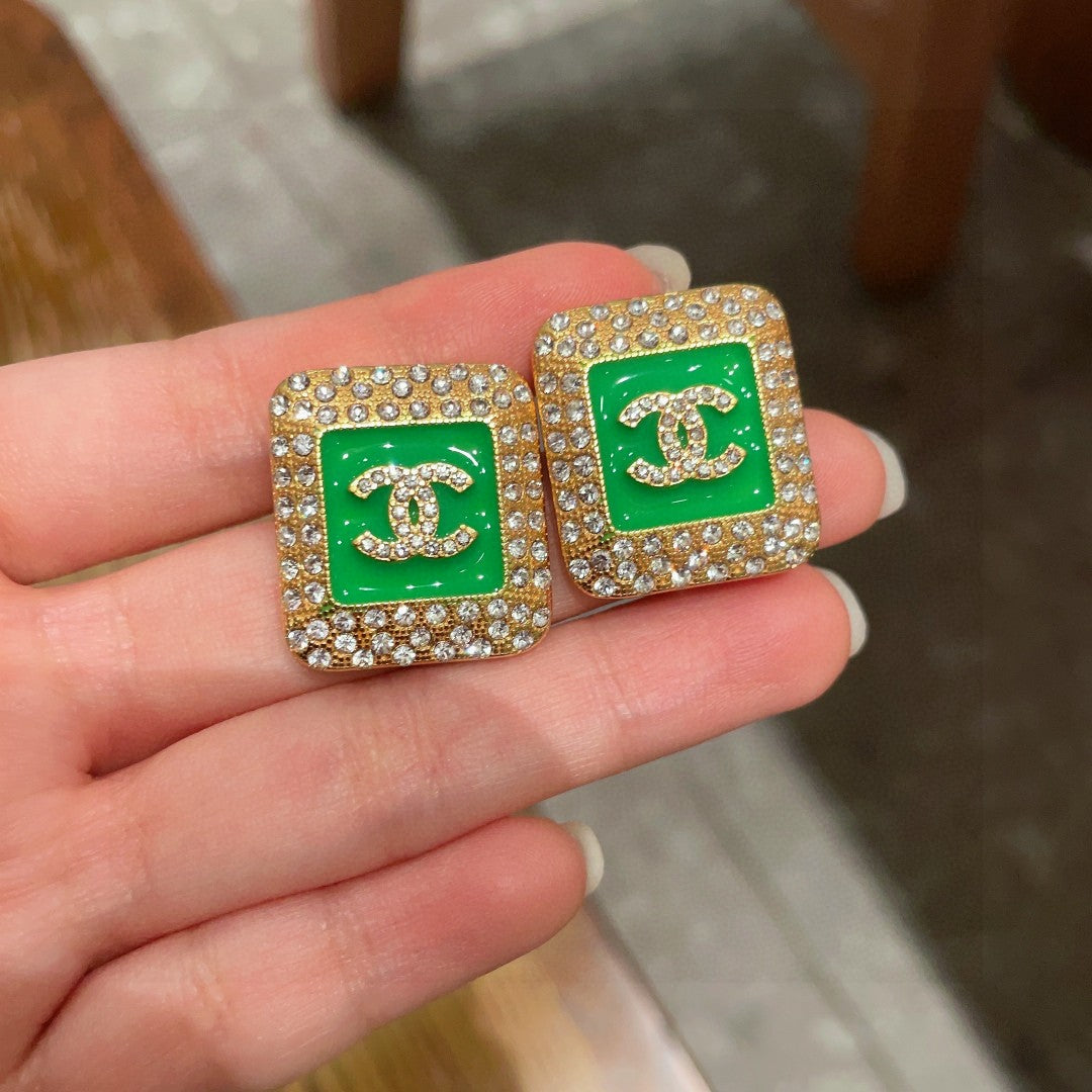 Double-C Emblem Crystal-Accent Stud Earrings – Design 035 side detail