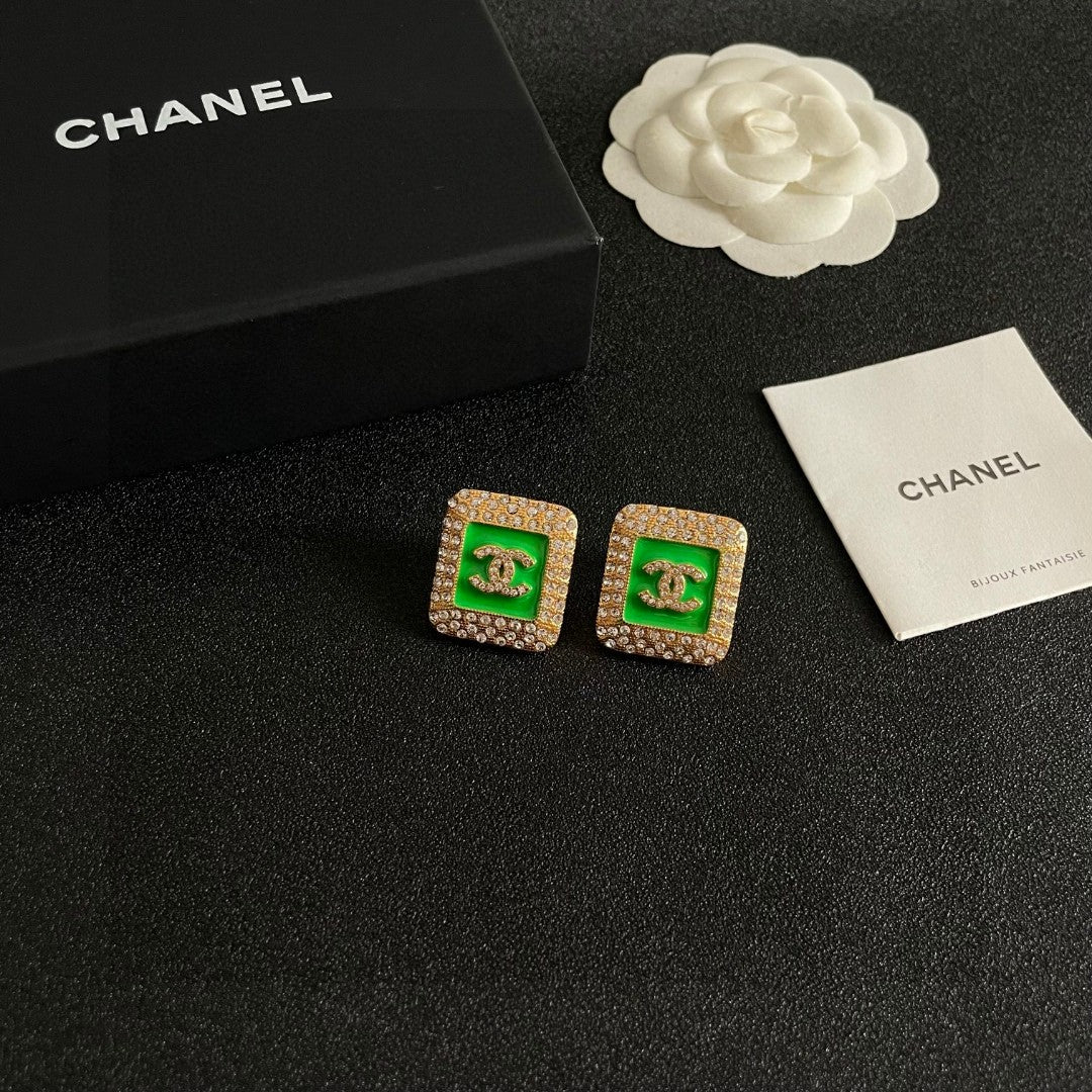 Double-C Emblem Crystal-Accent Stud Earrings – Design 035 close-up detail