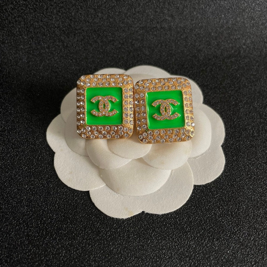 Double-C Emblem Crystal-Accent Stud Earrings – Design 035 front product view