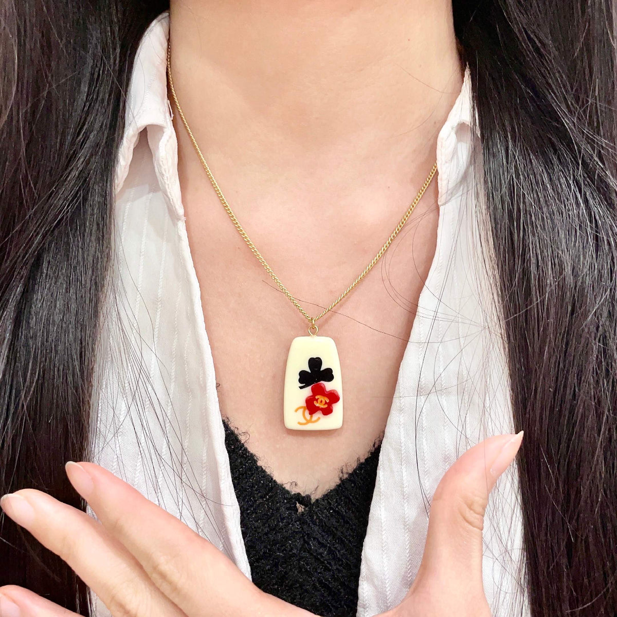 Camellia Pendant Necklace in Polished Metal-Tone – Camellia Detail – Design 020 front product view
