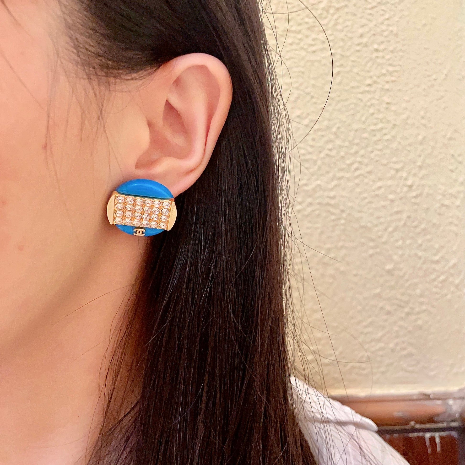 Double-C Emblem Crystal-Accent Stud Earrings – Design 034 detail view