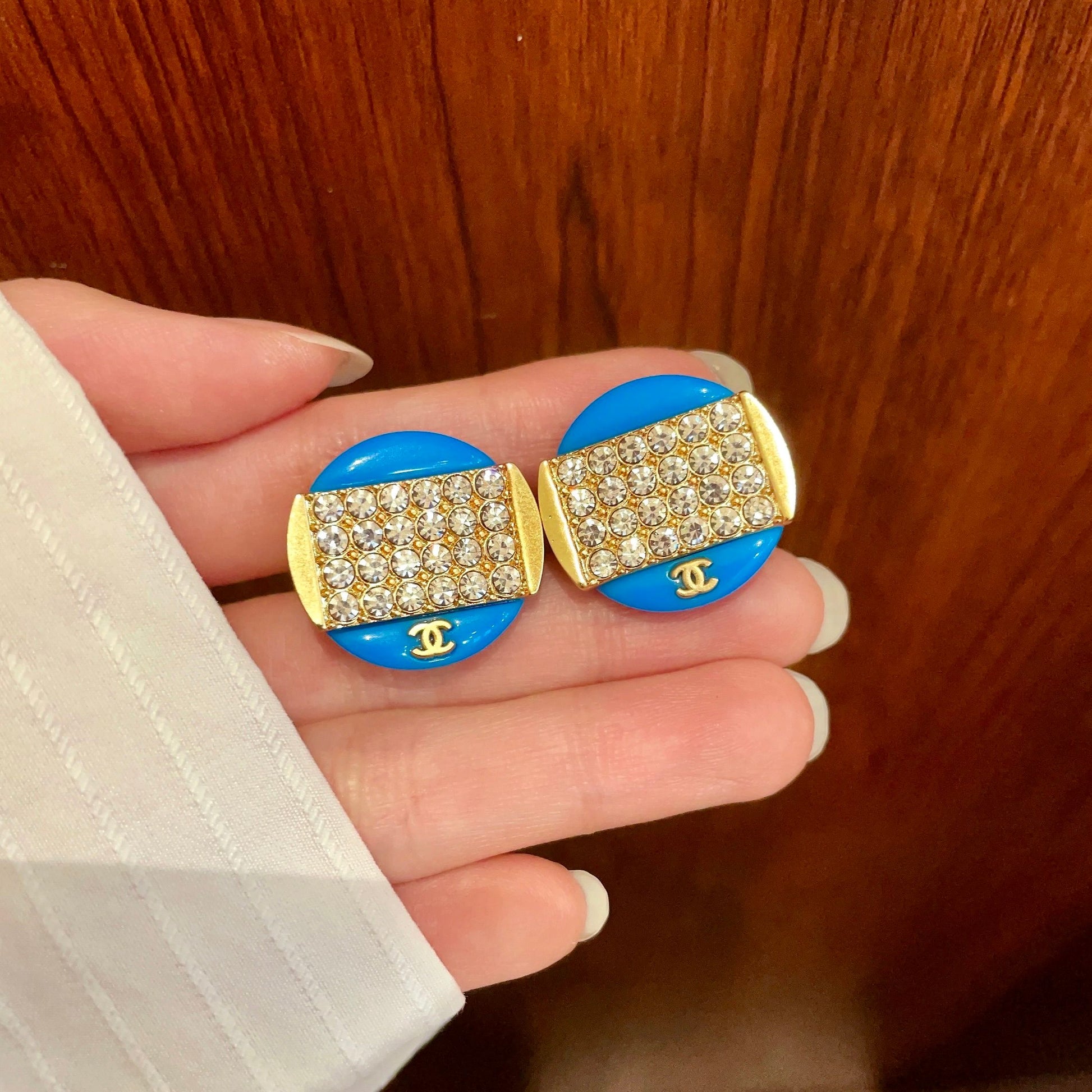 Double-C Emblem Crystal-Accent Stud Earrings – Design 034 side detail