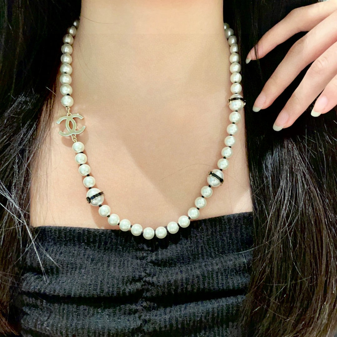 Double-C Emblem Pearl-Detail Pendant Necklace – Pearl Detail – Design 100 main product view