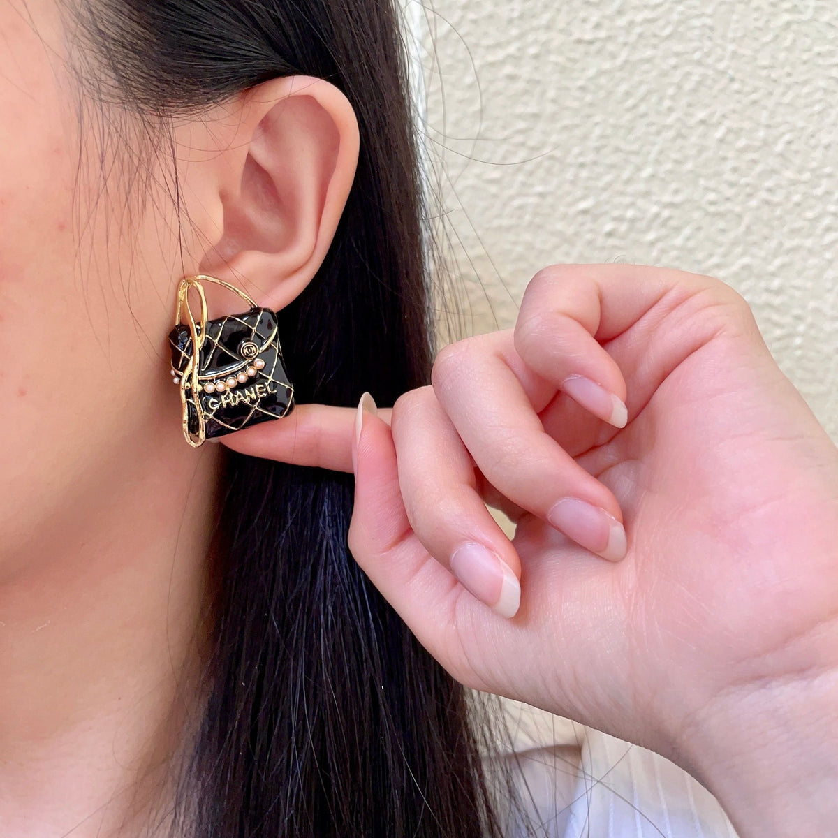 Double-C Emblem Stud Earrings in Polished Metal-Tone – Design 372 front product view