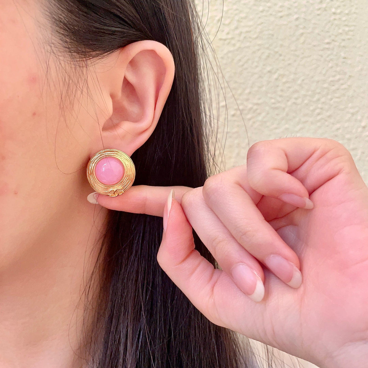 Double-C Emblem Stud Earrings in Polished Metal-Tone – Design 281 front product view
