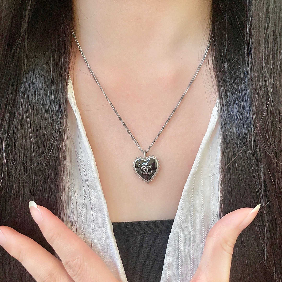 Double-C Emblem Pendant Necklace in Polished Metal-Tone – Heart Detail – Design 005 front product view
